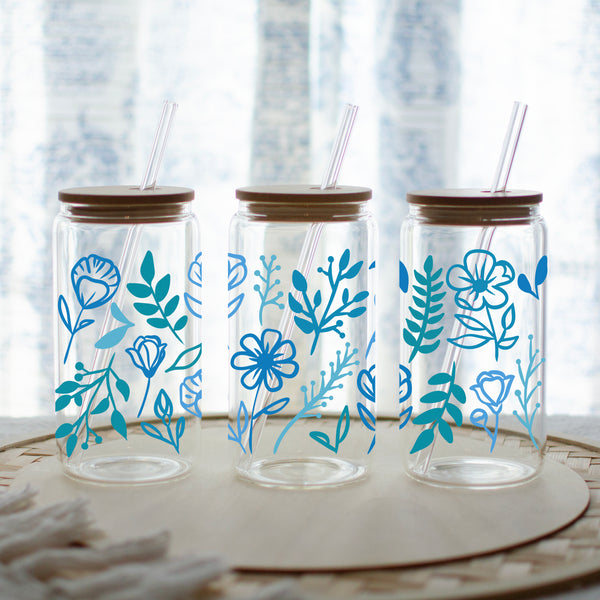 Blue Floral Glass Tumbler