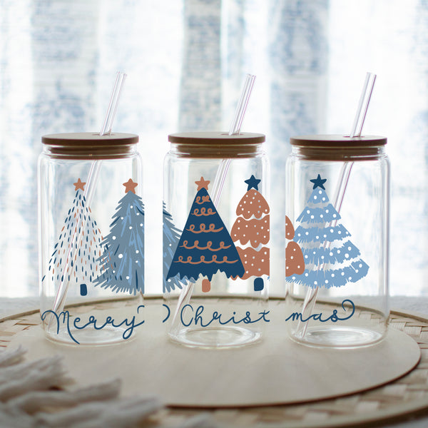 Blue & Brown Christmas Trees Glass Tumbler