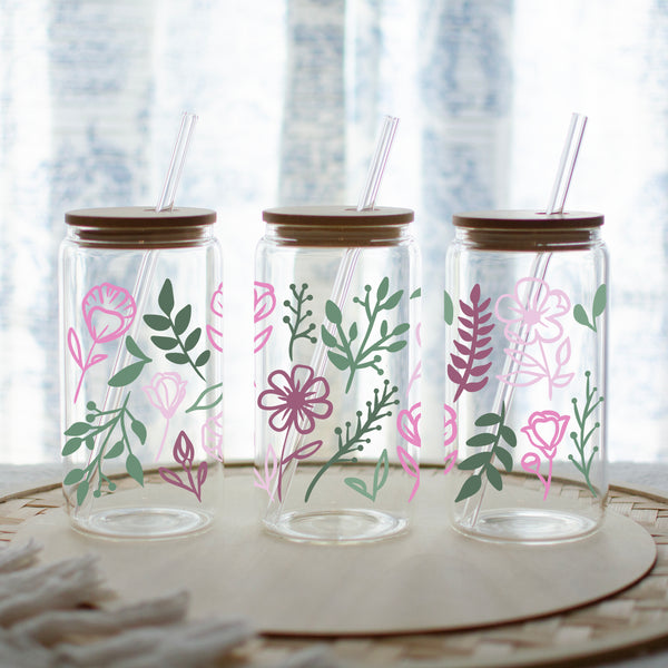 Pink and Green Floral Glass Tumbler