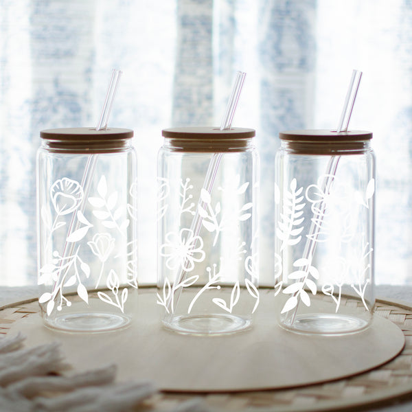 White Floral Glass Tumbler