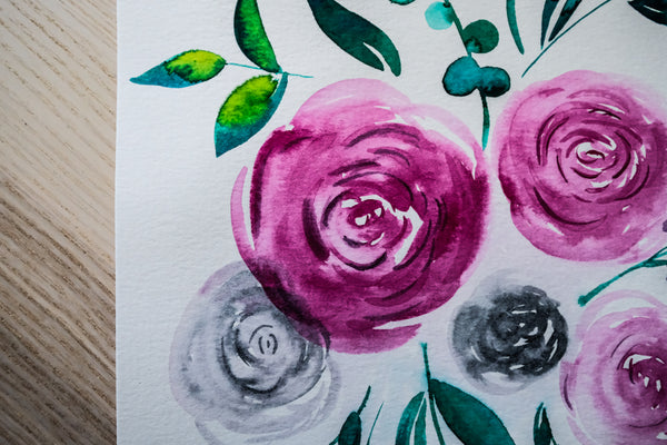 Pink and Gray Bouquet - Original Watercolor