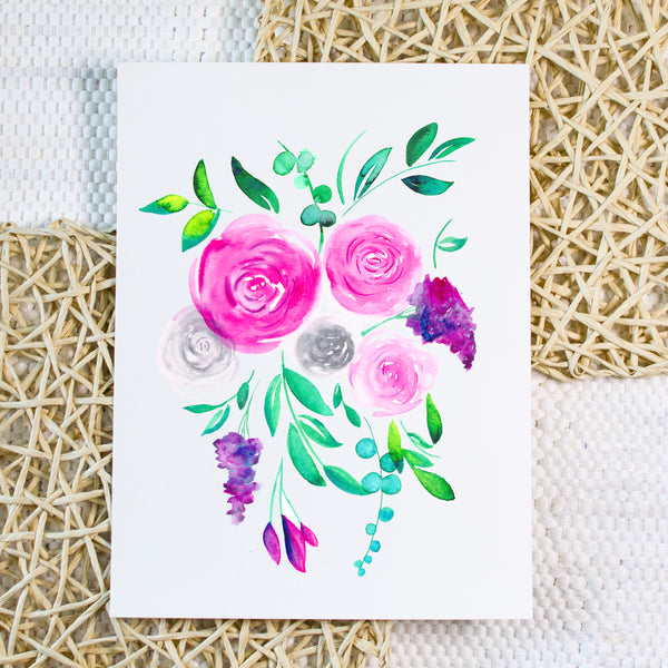 Pink and Gray Bouquet - Original Watercolor