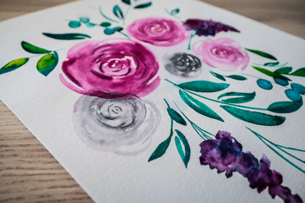 Pink and Gray Bouquet - Original Watercolor
